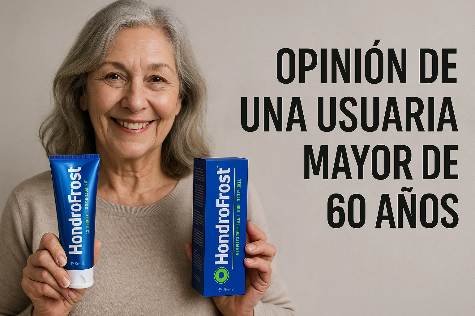 Mujer feliz mostrando HondroFrost tras probarlo