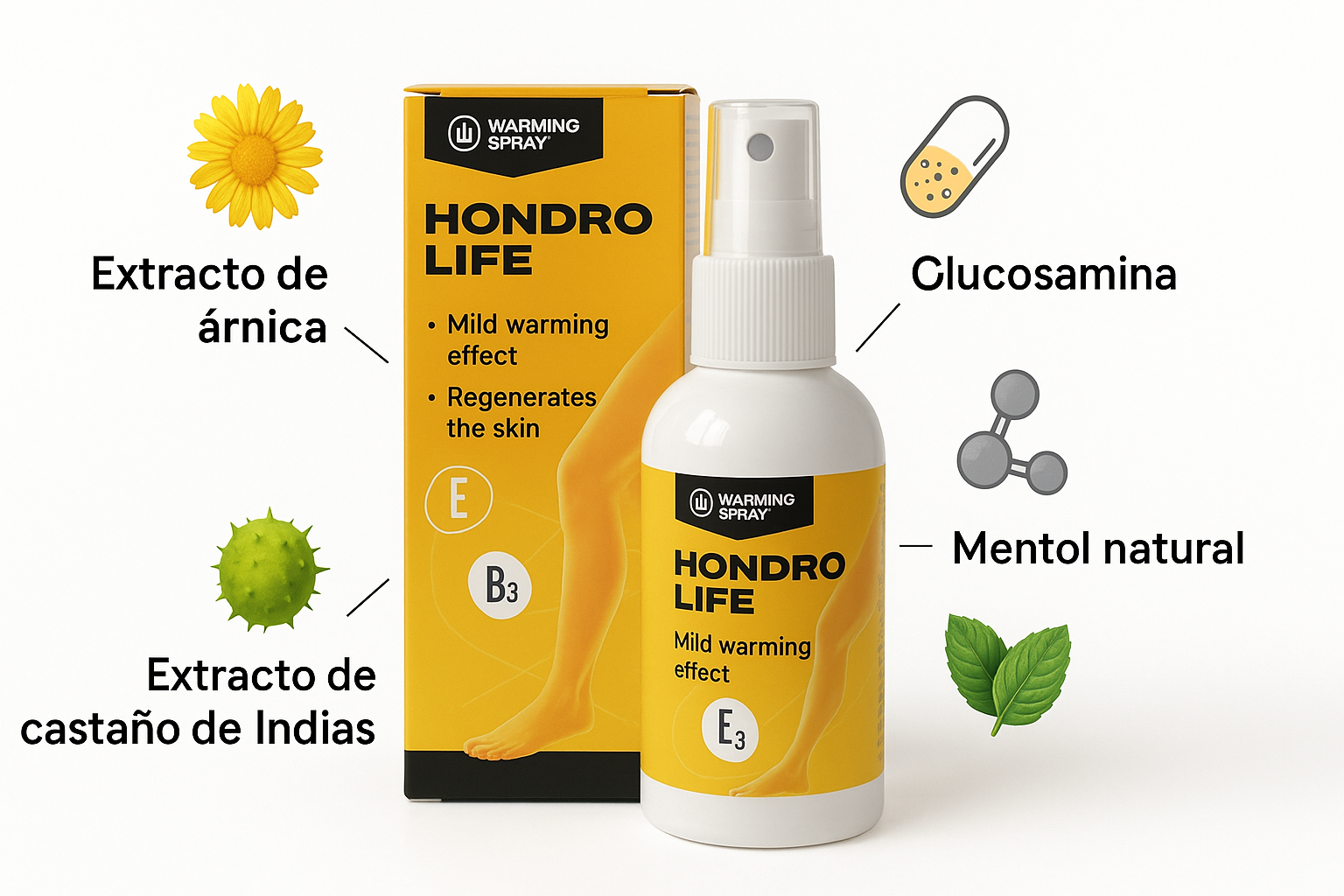 Ingredientes naturales de Hondrolife: glucosamina, condroitina, extracto de árnica.