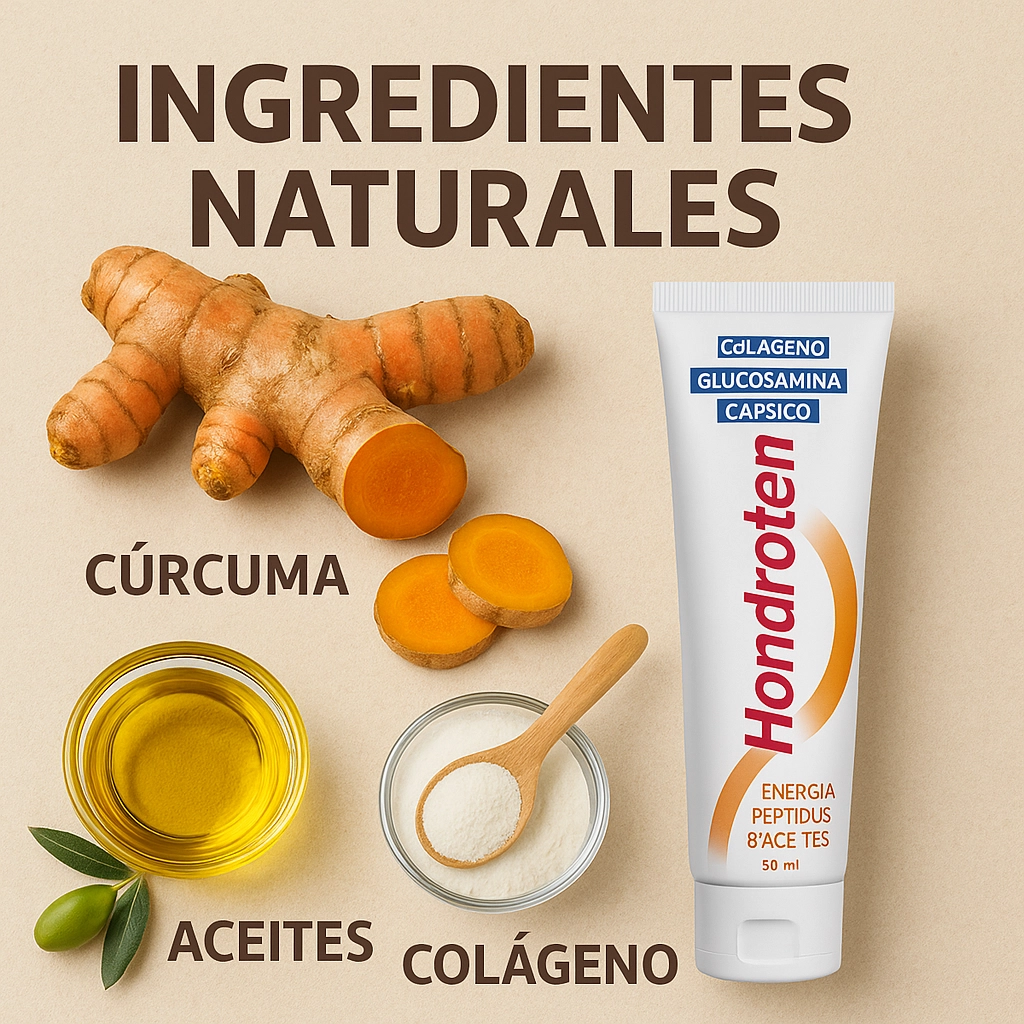 Ingredientes naturales que componen Hondroten, como cúrcuma y colágeno