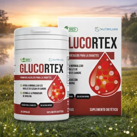 Glucortex cápsulas en formato gel con presentación del producto