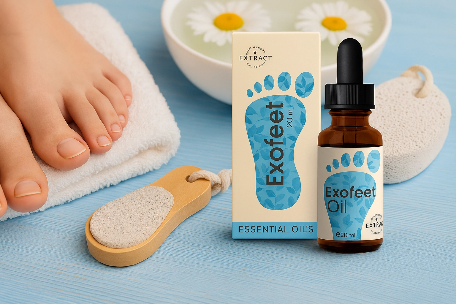 Aceite Exofeet Oil con ilustración de pie afectado por hongos y lista de beneficios antifúngicos