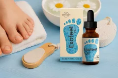 Aceite Exofeet Oil con ilustración de pie afectado por hongos y lista de beneficios antifúngicos
