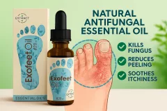 Exofeet Oil junto a un pie cuidado, piedra pómez y elementos de spa sobre fondo azul