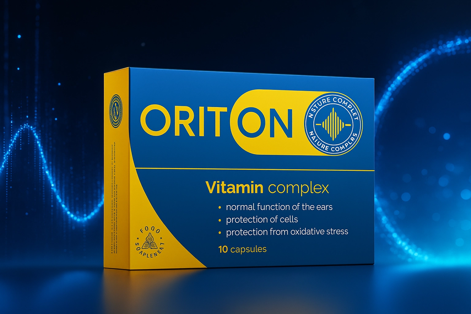 Hombre mayor feliz usando audífono junto a Oriton – suplemento para la audición