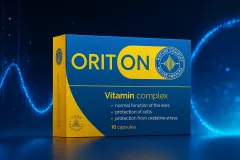 Hombre mayor feliz usando audífono junto a Oriton – suplemento para la audición