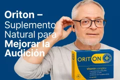 Caja de Oriton sobre fondo tecnológico azul con ondas sonoras – salud auditiva moderna