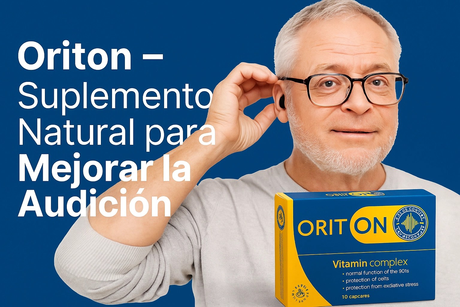 Caja de Oriton sobre fondo tecnológico azul con ondas sonoras – salud auditiva moderna
