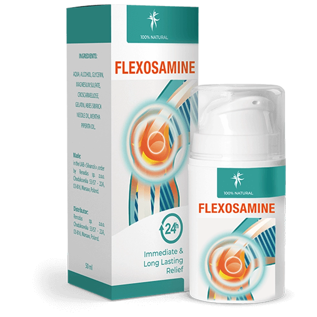 Flexosamine – crema innovadora para articulaciones y músculos. Envase y tubo con una fórmula natural para aliviar el dolor y la inflamación.